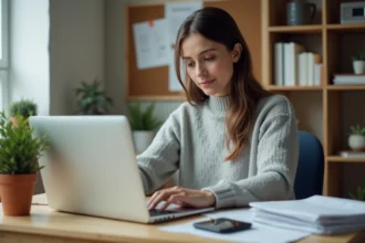 Femme au bureau regardant son ordinateur portable pour un article