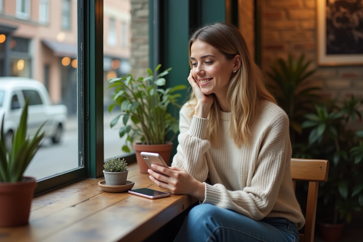 Femme assise au café regardant son téléphone avec sourire