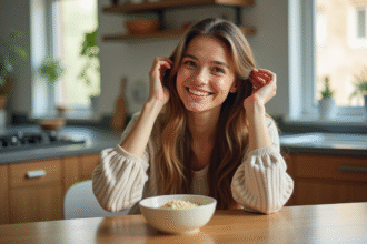 Jeune femme souriante aux cheveux longs et sains à la cuisine