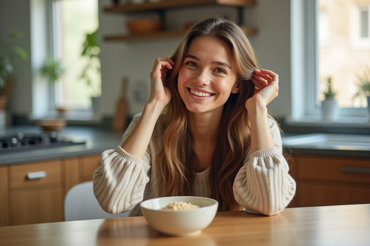 Jeune femme souriante aux cheveux longs et sains à la cuisine