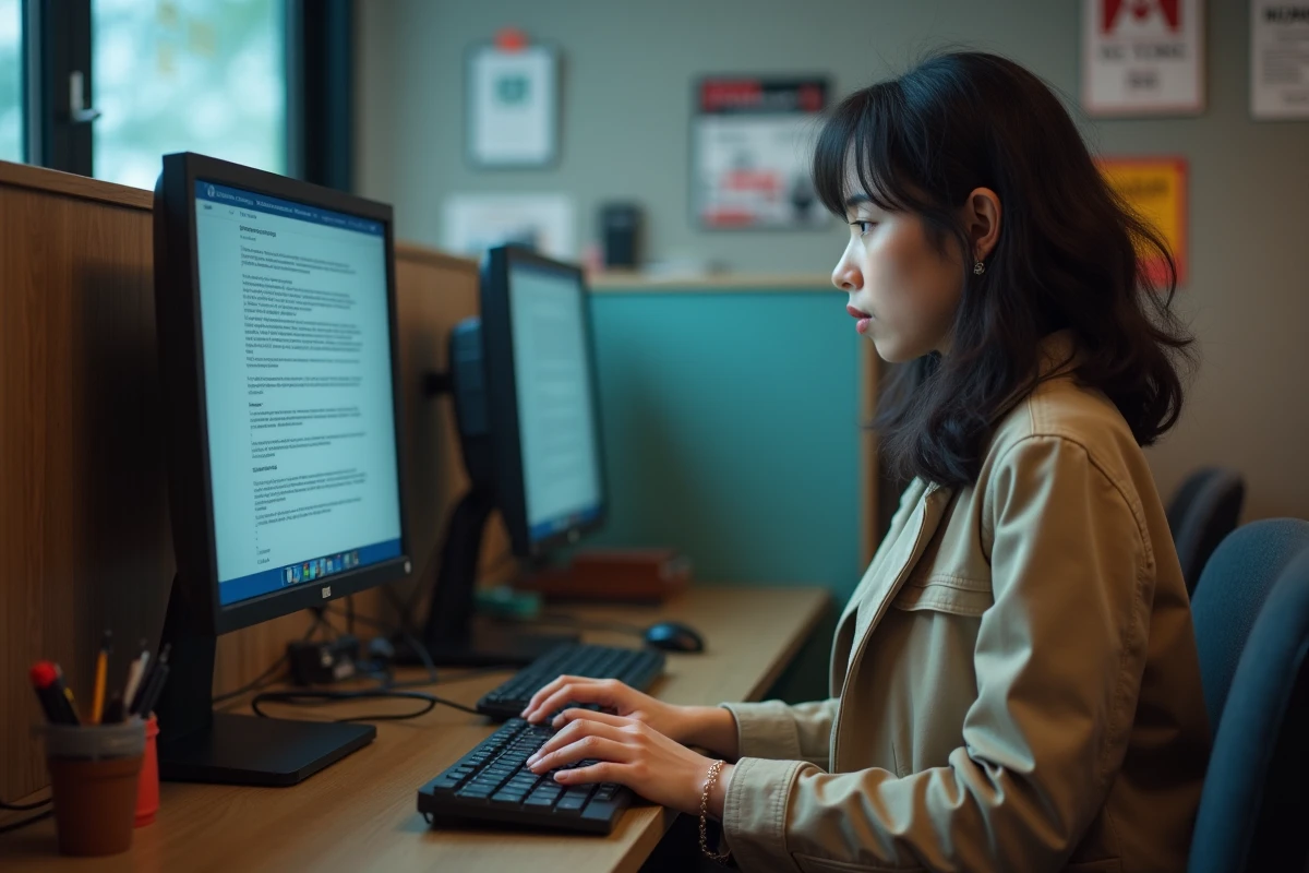 Femme lisant les conditions de dépôt sur un ordinateur dans un cybercafé