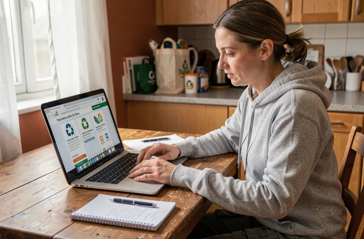 Femme consultant les règles d'acceptation en déchetterie sur un site web depuis son domicile