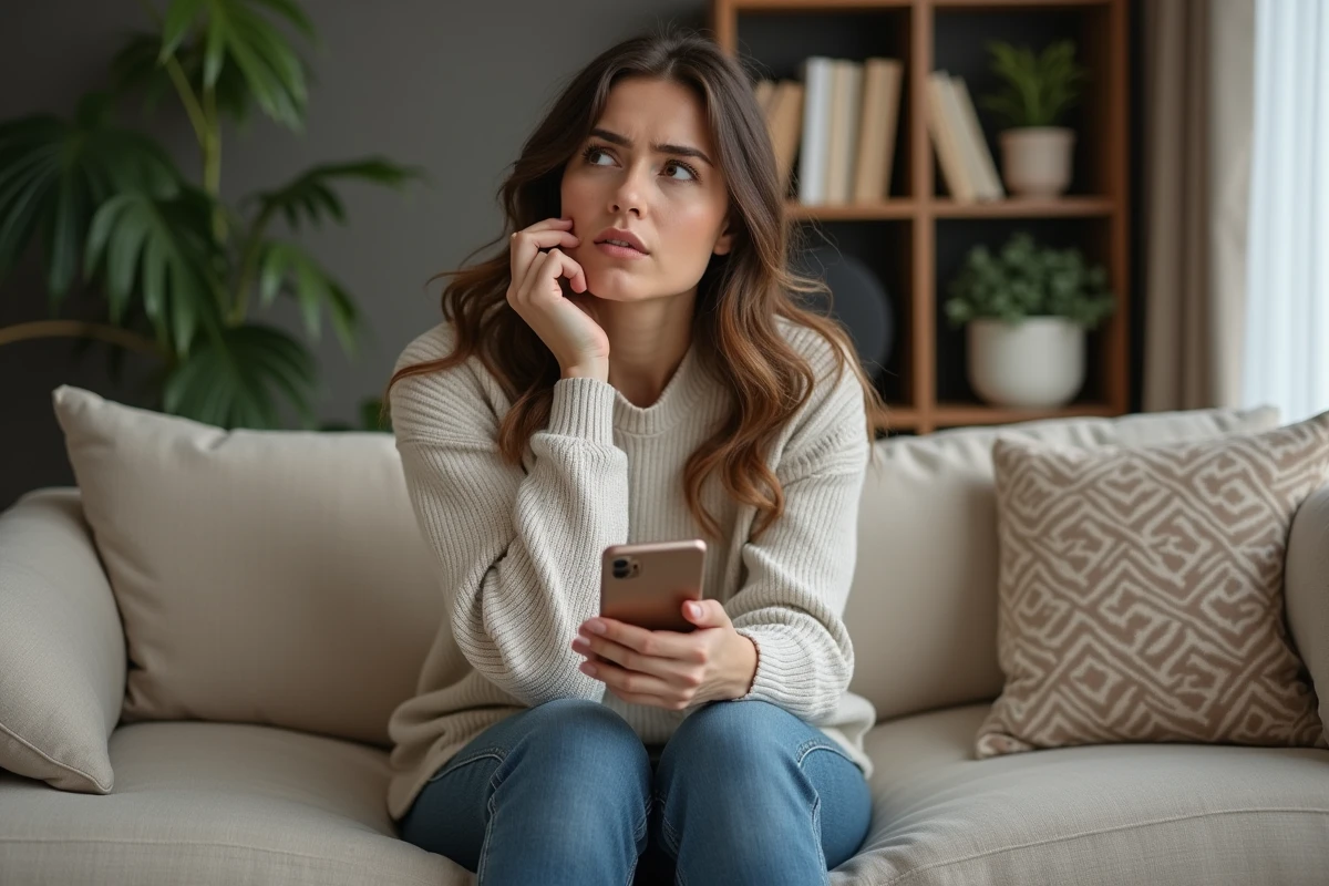 Femme pensante assise sur un canapé dans un salon moderne