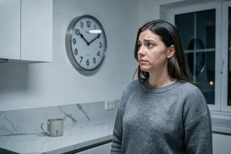 Femme perplexe dans une cuisine moderne regardant une horloge murale affichant minuit, illustrant la confusion entre AM et PM