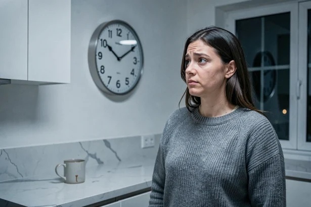 Femme perplexe dans une cuisine moderne regardant une horloge murale affichant minuit, illustrant la confusion entre AM et PM