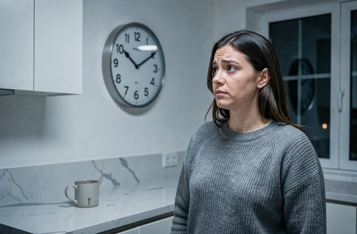 Femme perplexe dans une cuisine moderne regardant une horloge murale affichant minuit, illustrant la confusion entre AM et PM