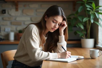 Jeune femme écrivant 1441 dans un carnet à la maison