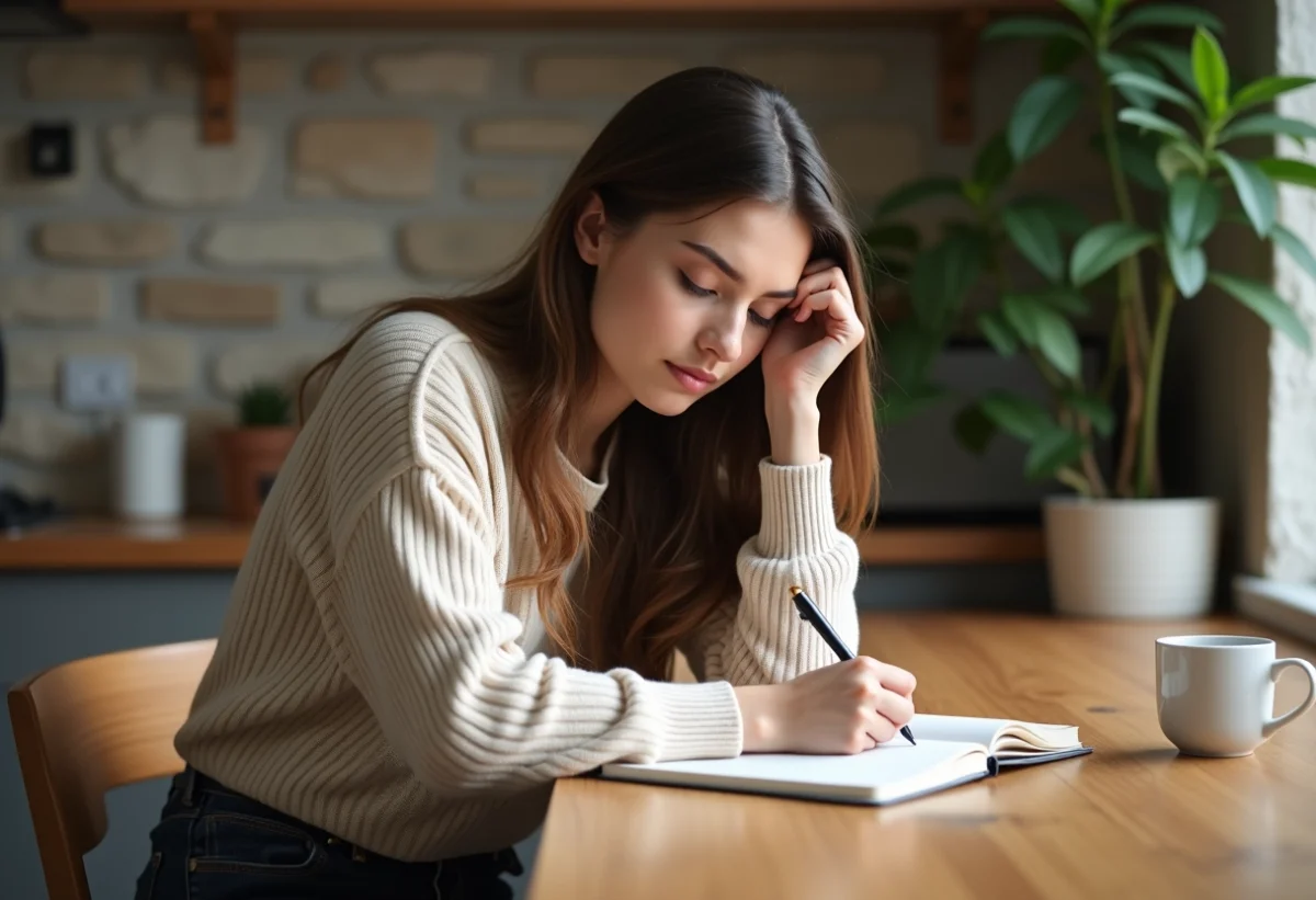 Jeune femme écrivant 1441 dans un carnet à la maison