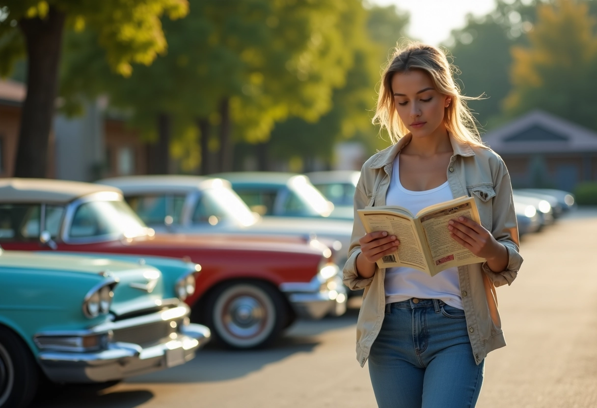 Jeune femme consulte un guide de voitures vintage en extérieur