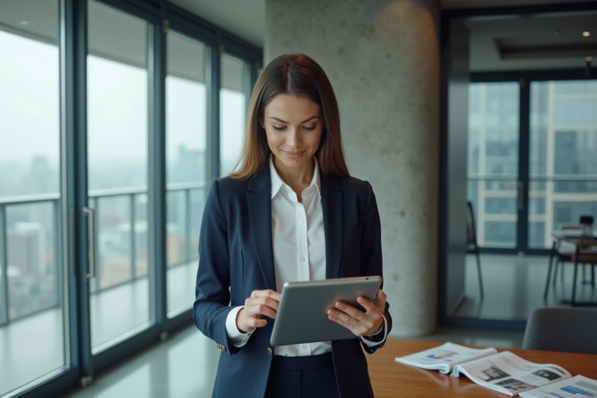 Femme d affaires regardant des graphiques immobiliers sur tablette