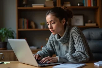 Jeune femme concentrée jouant à un jeu de devinettes de mots sur ordinateur portable, ambiance bureau cosy