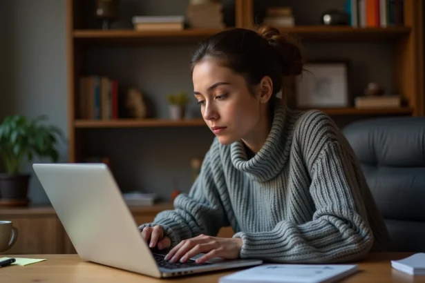 Jeune femme concentrée jouant à un jeu de devinettes de mots sur ordinateur portable, ambiance bureau cosy
