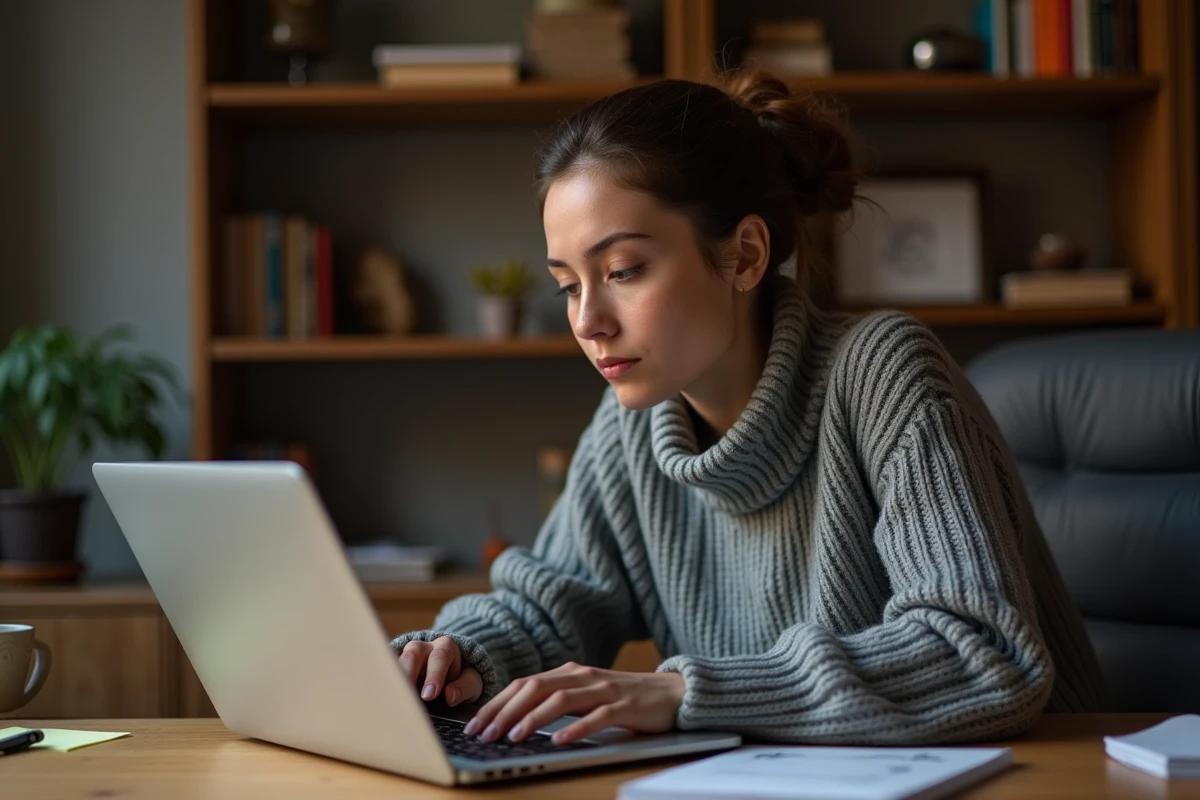 Jeune femme concentrée jouant à un jeu de devinettes de mots sur ordinateur portable, ambiance bureau cosy