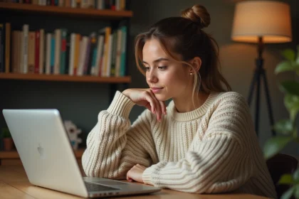 Jeune femme concentrée jouant à un jeu de devinettes sémantiques sur un ordinateur portable à son bureau