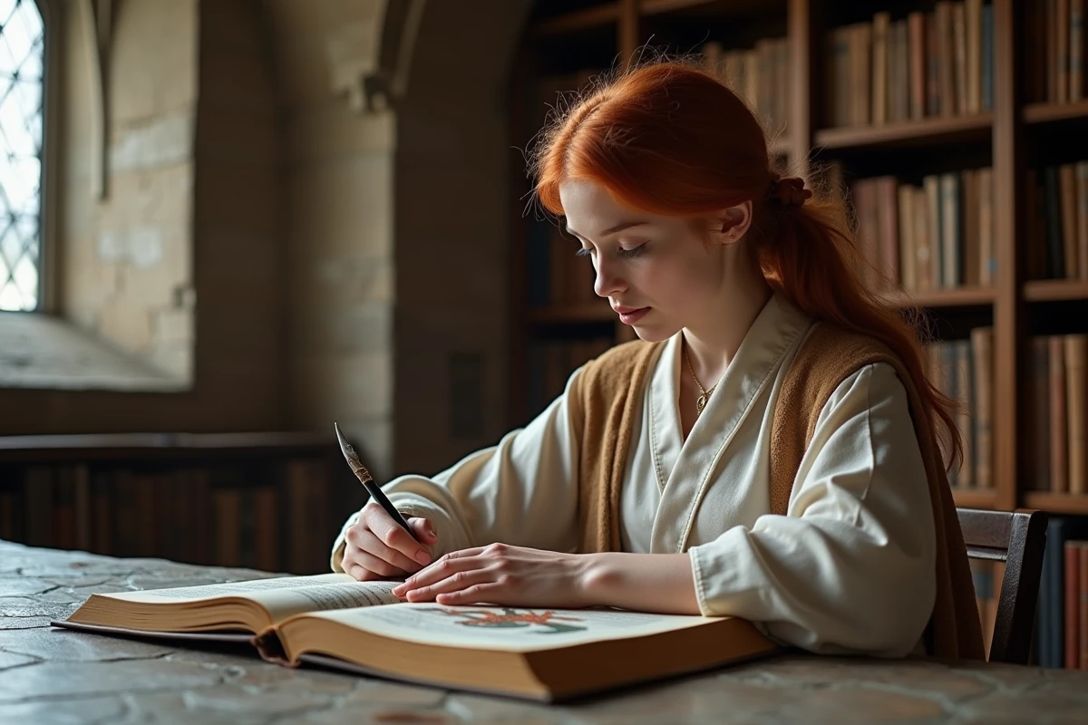 Femme étudiante lisant un livre illustré de dragons en bibliothèque