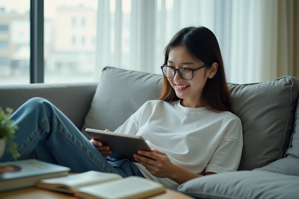 Jeune femme lisant des scans de manga sur tablette installée confortablement dans son salon