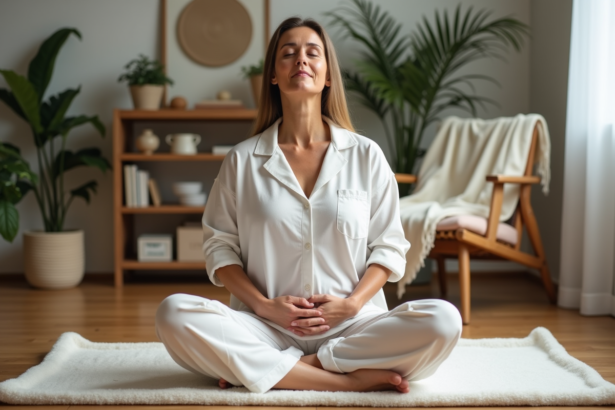 Femme méditant assise sur un tapis dans un salon paisible