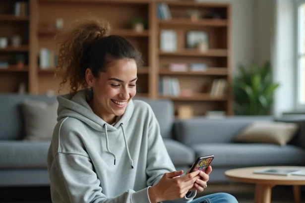 Jeune femme jouant à Monopoly GO sur smartphone depuis son canapé, accédant aux dés gratuits sur iOS et Android