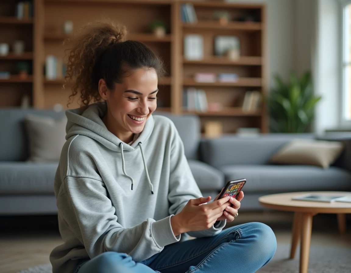 Jeune femme jouant à Monopoly GO sur smartphone depuis son canapé, accédant aux dés gratuits sur iOS et Android