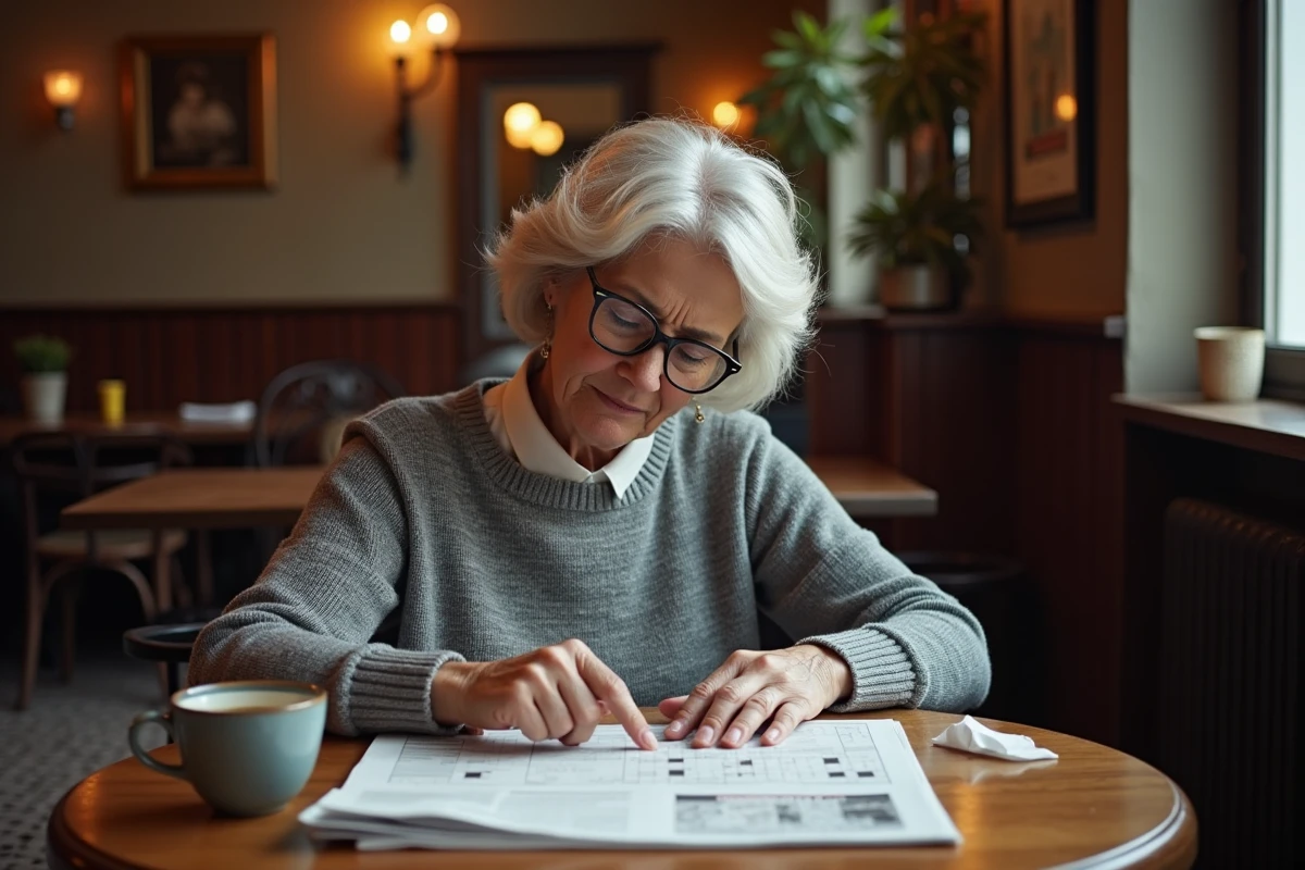 Femme résolvant des mots croisés avec une clé de ville belge en quatre lettres dans un café bruxellois