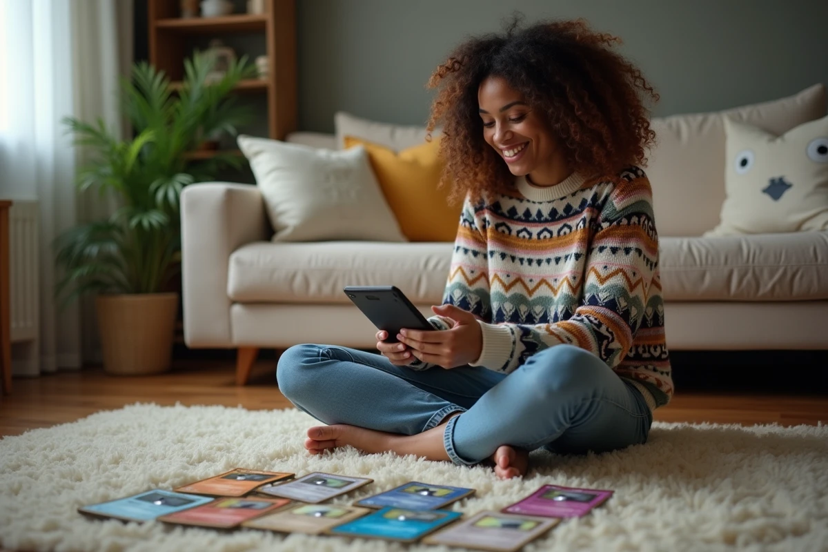 Femme discutant prix de cartes Pokemon sur son tapis