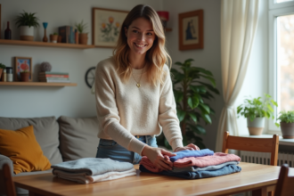 Femme souriante plie des vêtements d'occasion dans un salon chaleureux