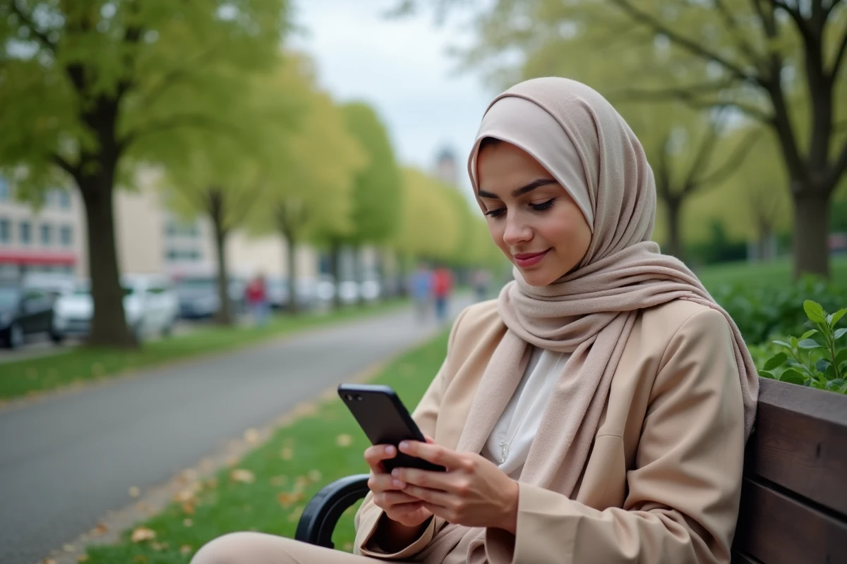 Jeune femme musulmane priant dans un parc au bord de la rivière