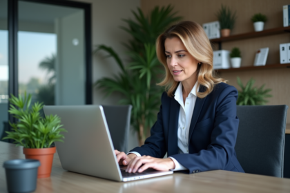 Femme d'affaires en bureau moderne utilisant un ordinateur