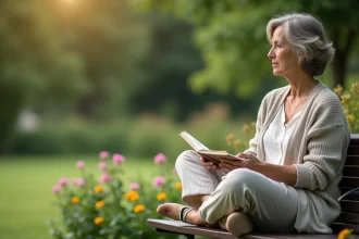 Femme méditative assise sur un banc dans un jardin paisible