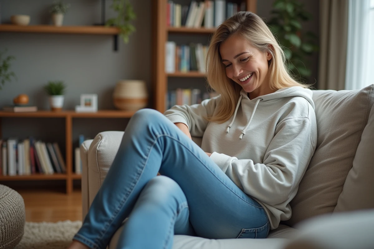 Femme souriante assise sur un canapé dans un salon cosy