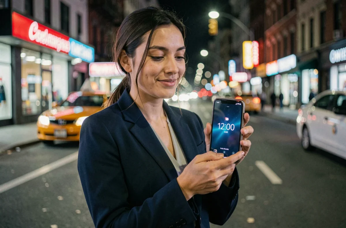Jeune femme dans une rue nocturne regardant son smartphone affichant 12:00 AM, représentant la différence entre AM et PM à minuit