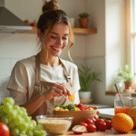 Jeune femme souriante préparant un bol de fruits frais pour un mode de vie sain