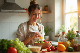 Jeune femme souriante préparant un bol de fruits frais pour un mode de vie sain