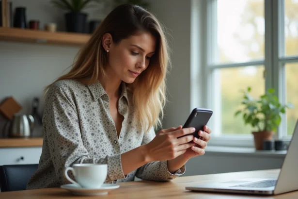 Femme utilisant son smartphone dans une cuisine moderne