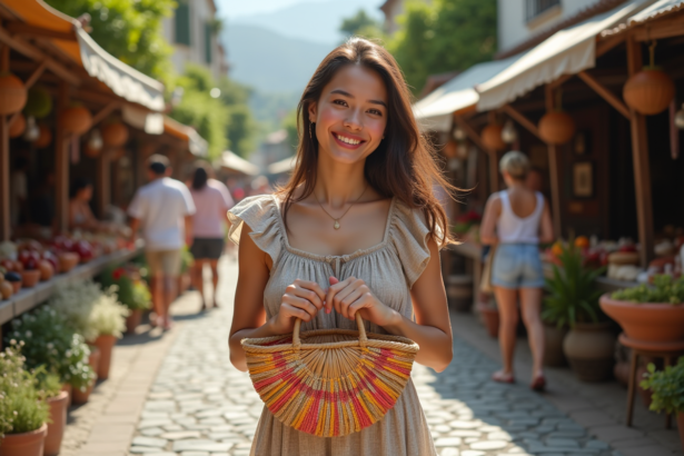 Jeune femme souriante dans un marché en plein air en été