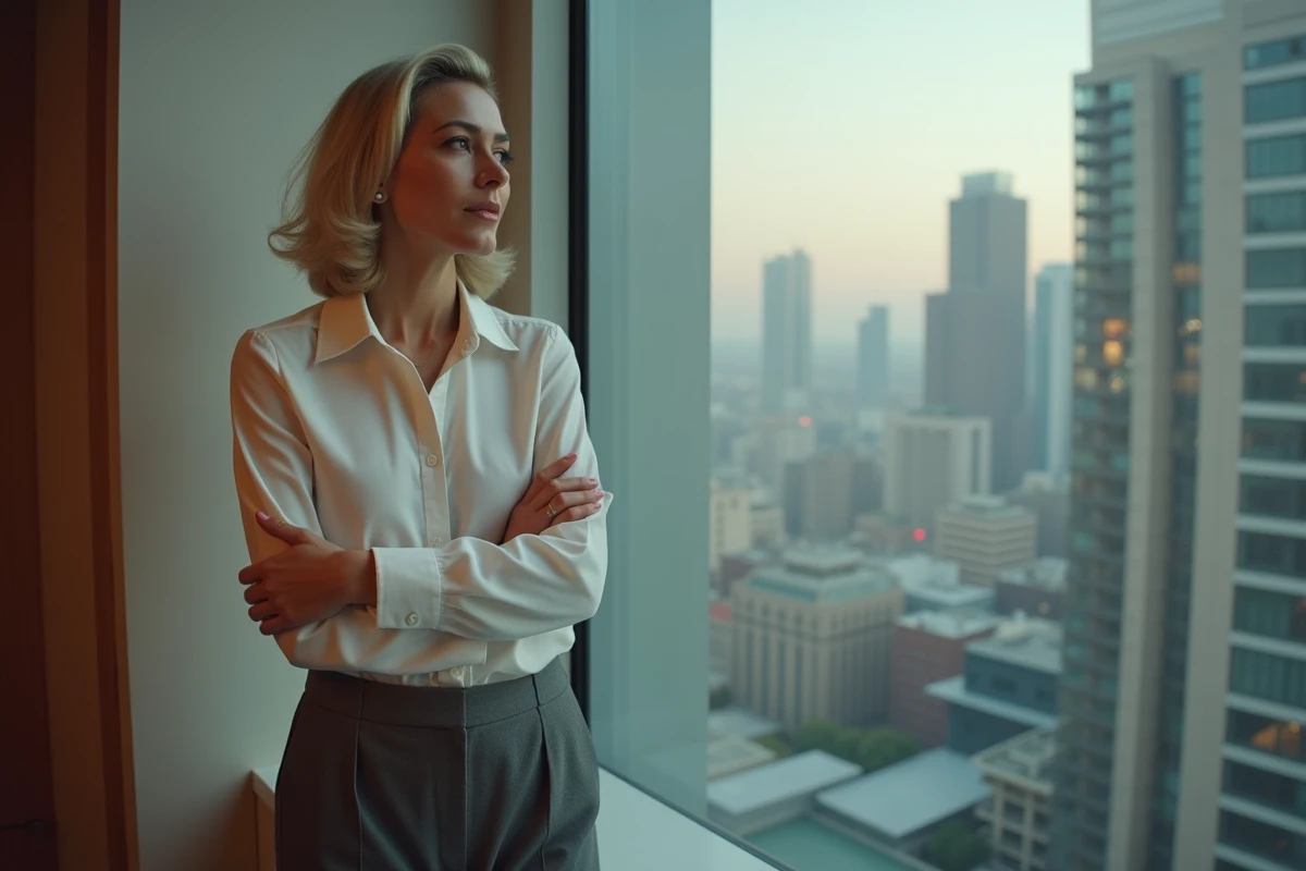 Femme confiante regardant la ville depuis une fenêtre