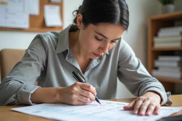 Femme consultant un tableau de conversion m3 à son bureau en écrivant des mesures dans un carnet