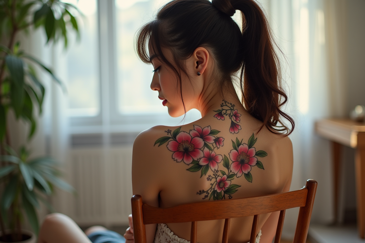 Femme avec tatouage de cerisier en fleurs dans un studio lumineux