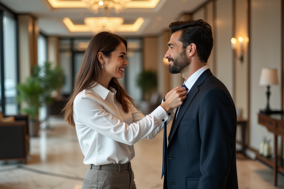 Femme aidant un homme à nouer une cravate en hotel moderne