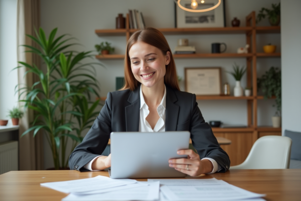 Femme souriante étudie documents de location à la maison