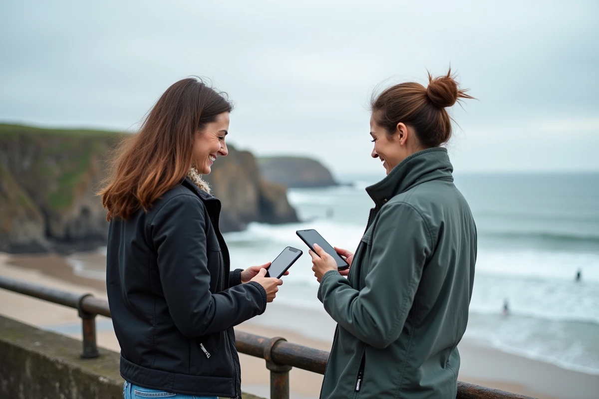 Deux femmes observant la marée à Hendaye avec vue sur la côte
