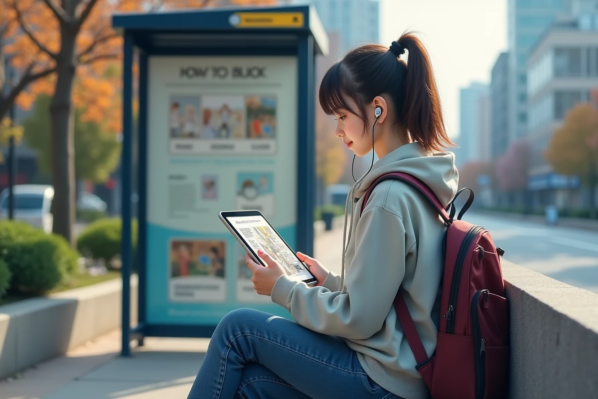 Adolescente attendant au bus lisant manga sur tablette en ville