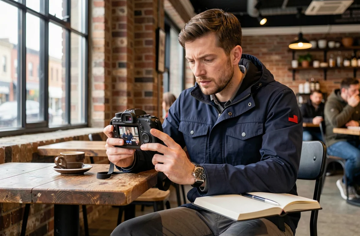 Photographe consultant les images sur l'écran d'un Fujifilm X-T20 dans un café moderne