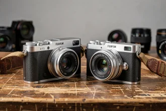 Comparaison entre l'appareil photo hybride Fujifilm X-T20 et le X-T30 posés côte à côte sur un bureau en bois