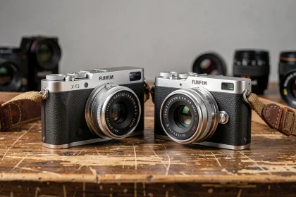 Comparaison entre l'appareil photo hybride Fujifilm X-T20 et le X-T30 posés côte à côte sur un bureau en bois