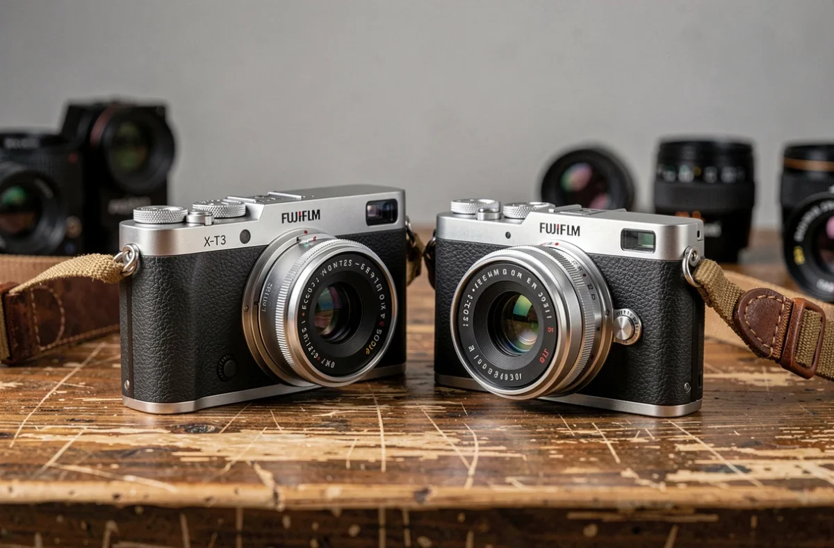 Comparaison entre l'appareil photo hybride Fujifilm X-T20 et le X-T30 posés côte à côte sur un bureau en bois