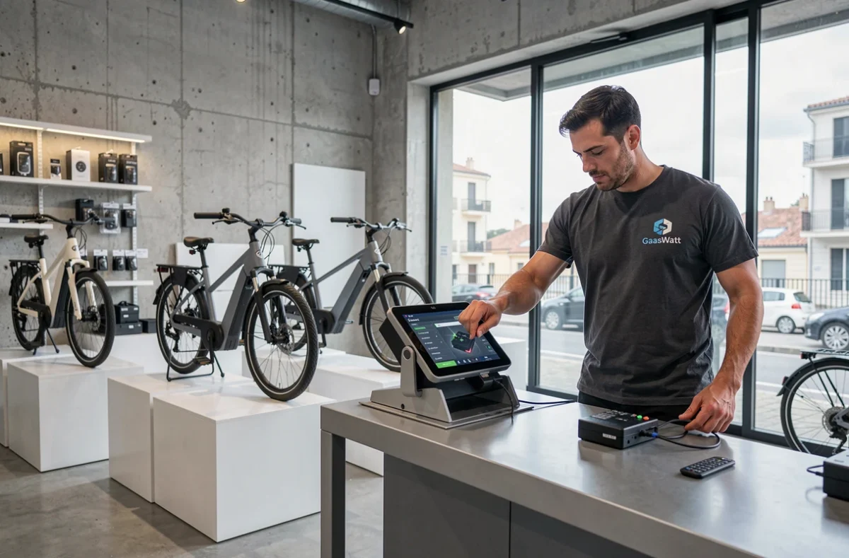 Technicien de GaasWatt à Marseille effectuant un diagnostic de batterie sur un vélo électrique cargo dans un showroom moderne
