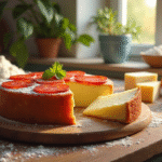 Gâteau de chorizo et fromage de chèvre frais sur une table en bois
