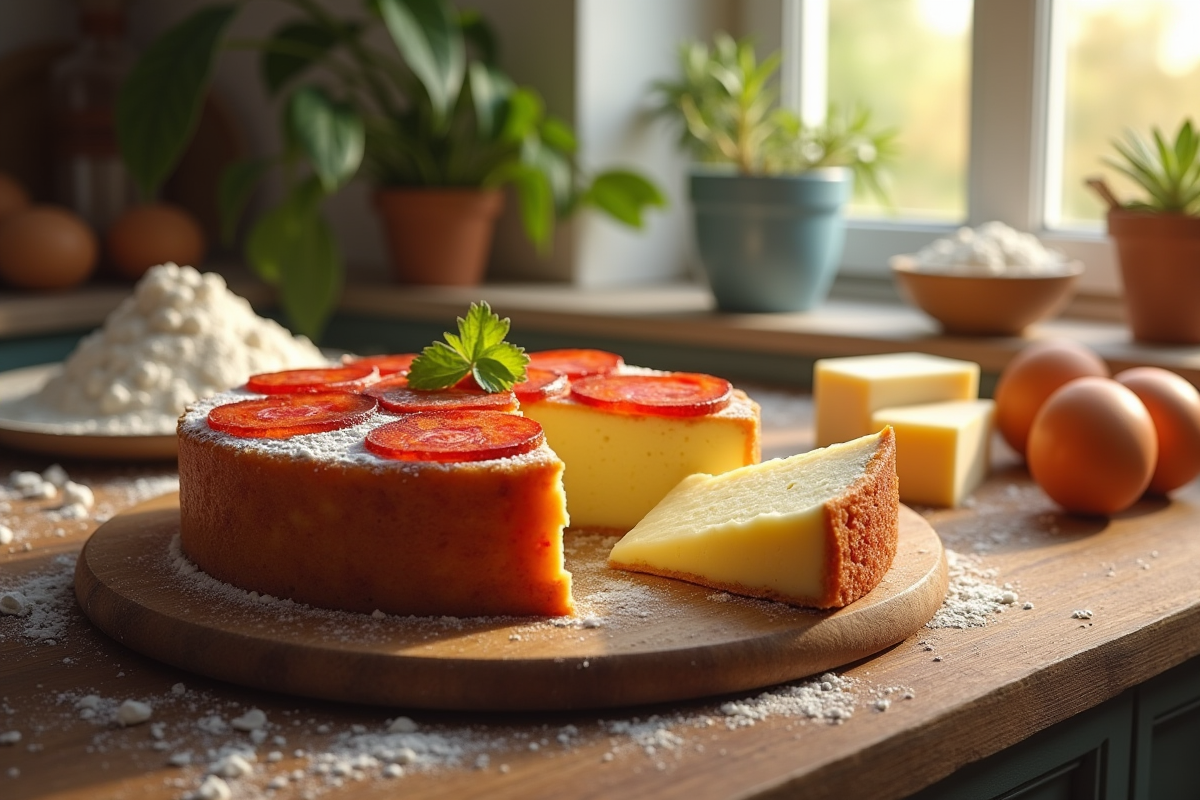 Gâteau de chorizo et fromage de chèvre frais sur une table en bois
