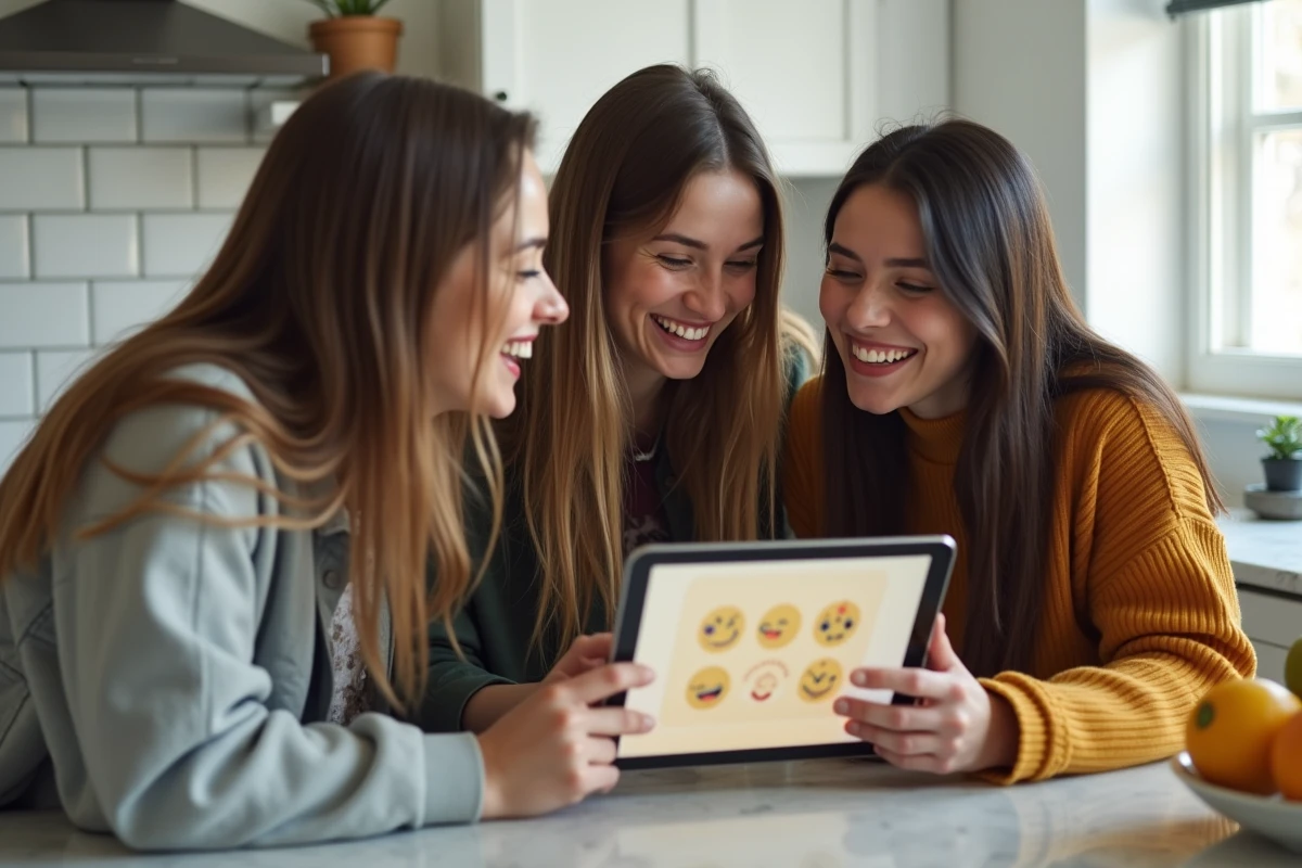 Groupe d'amis choisissant un smiley rigolo pour une carte d'anniversaire virtuelle sur tablette